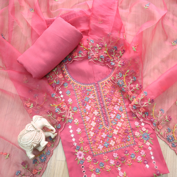 Ehtiyaat Flamingo Pink Thread work Neck Cotton Silk Suit Set