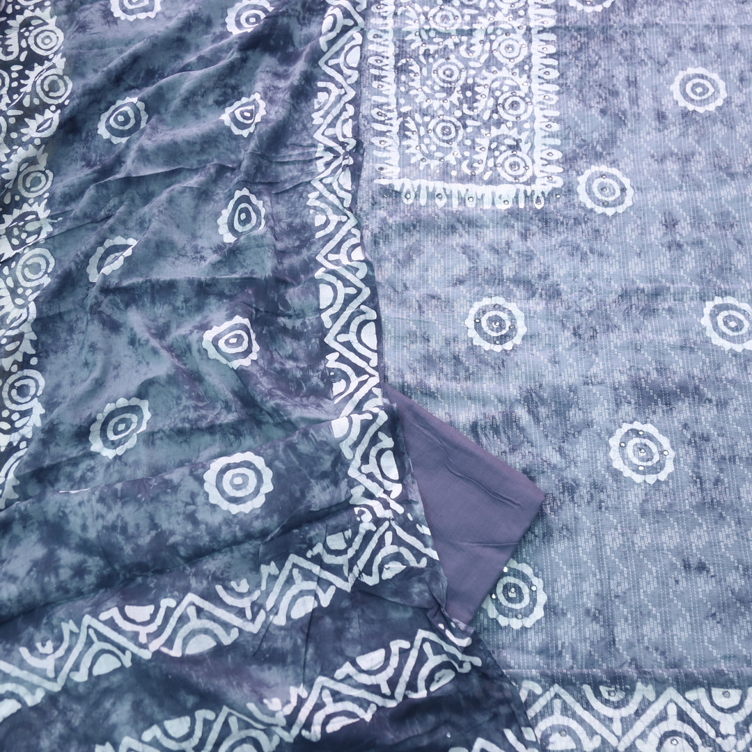 Gulshan Shadow Grey Mirror Work with Running Stitch Printed Cotton Suit Set