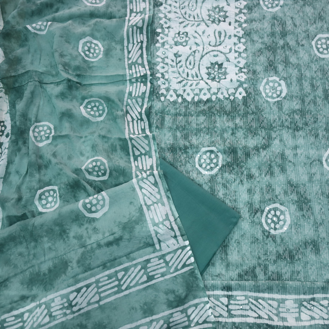 Gulshan Sea Green Mirror Work with Running Stitch Printed Cotton Suit Set