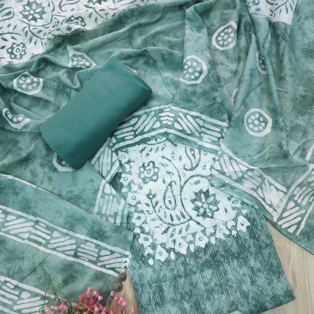 Gulshan Sea Green Mirror Work with Running Stitch Printed Cotton Suit Set
