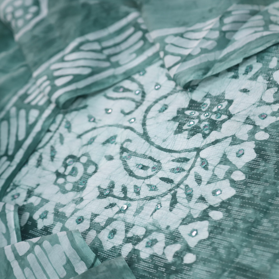 Gulshan Sea Green Mirror Work with Running Stitch Printed Cotton Suit Set
