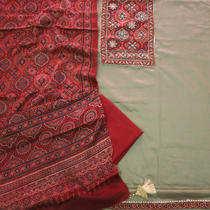 Anokhi Khaki Beige Green Glazed Cotton Top and Digital Printed Mashru Dupatta