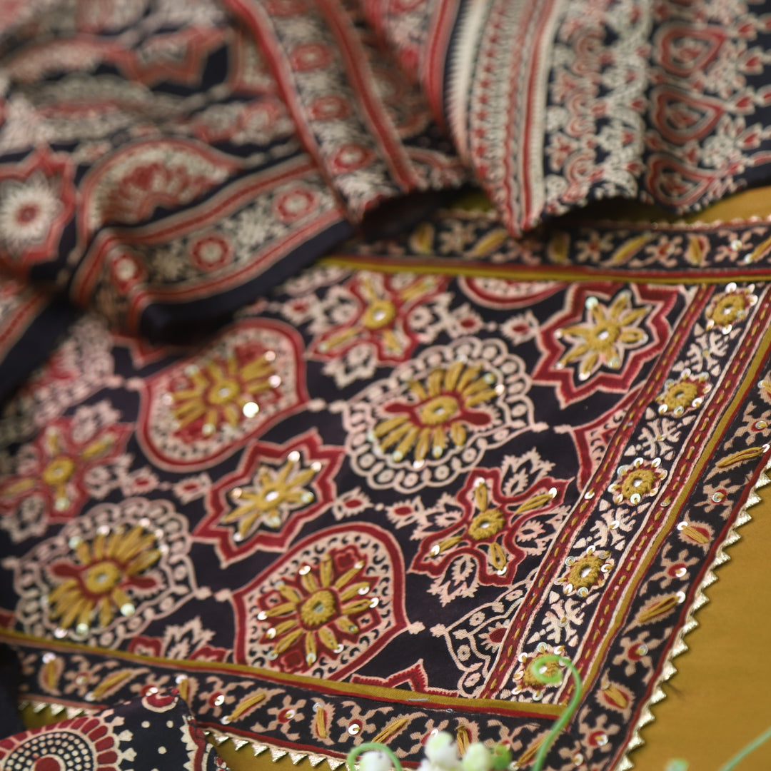 Anokhi Oliver Green Glazed Cotton Top and Digital Printed Mashru Dupatta