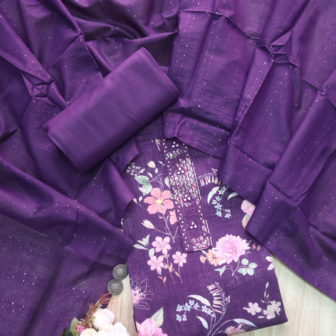 Shiddat Eggplant Purple Digital Floral Printed Cotton Linen Suit Set D1