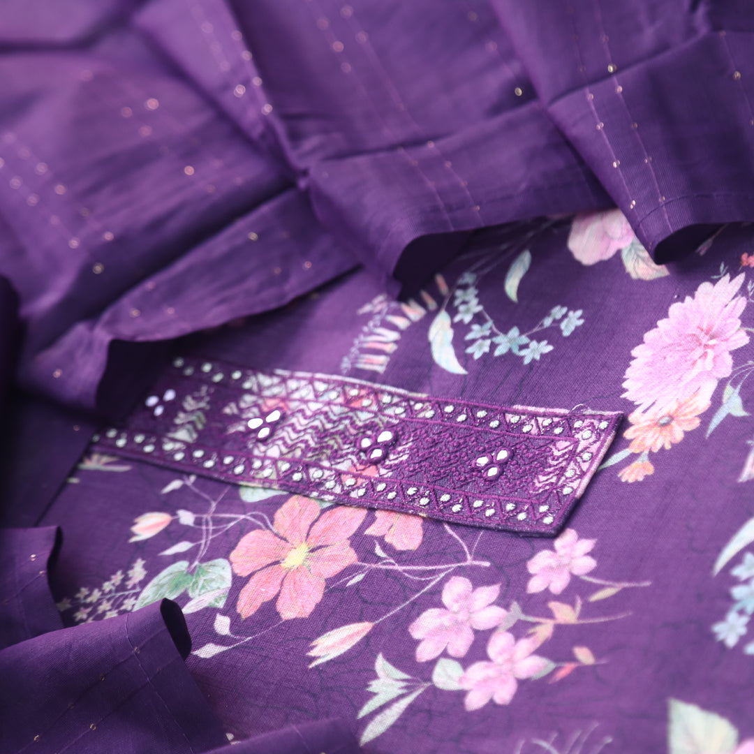 Shiddat Eggplant Purple Digital Floral Printed Cotton Linen Suit Set D1