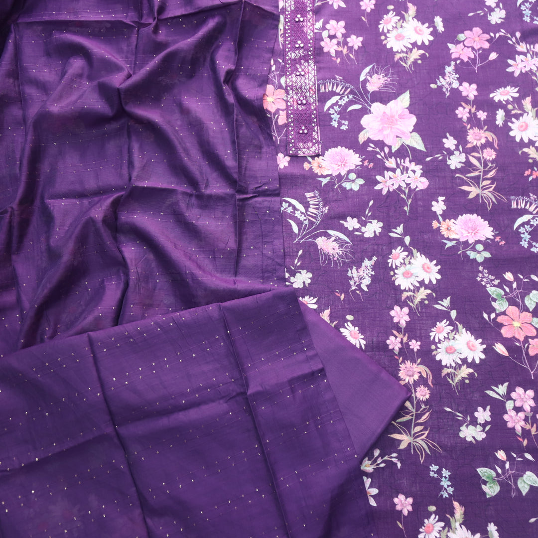 Shiddat Eggplant Purple Digital Floral Printed Cotton Linen Suit Set D1