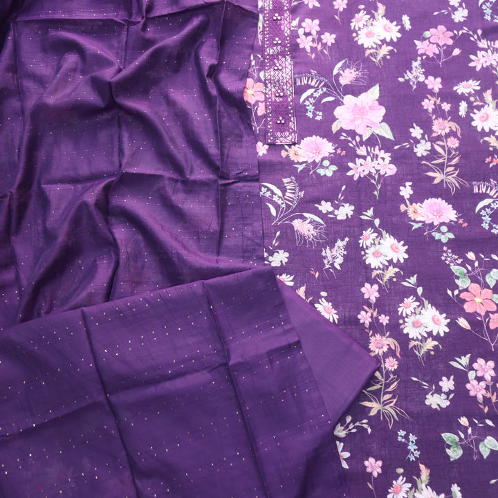 Shiddat Eggplant Purple Digital Floral Printed Cotton Linen Suit Set D1