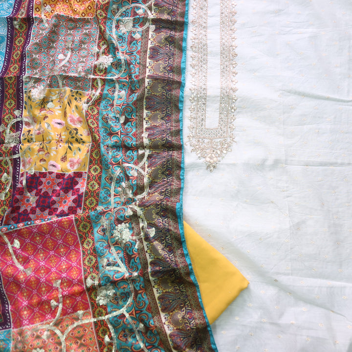 Dilbara Cream White with Zari and Patra Work with Yellow Bottom Chanderi Suit Set