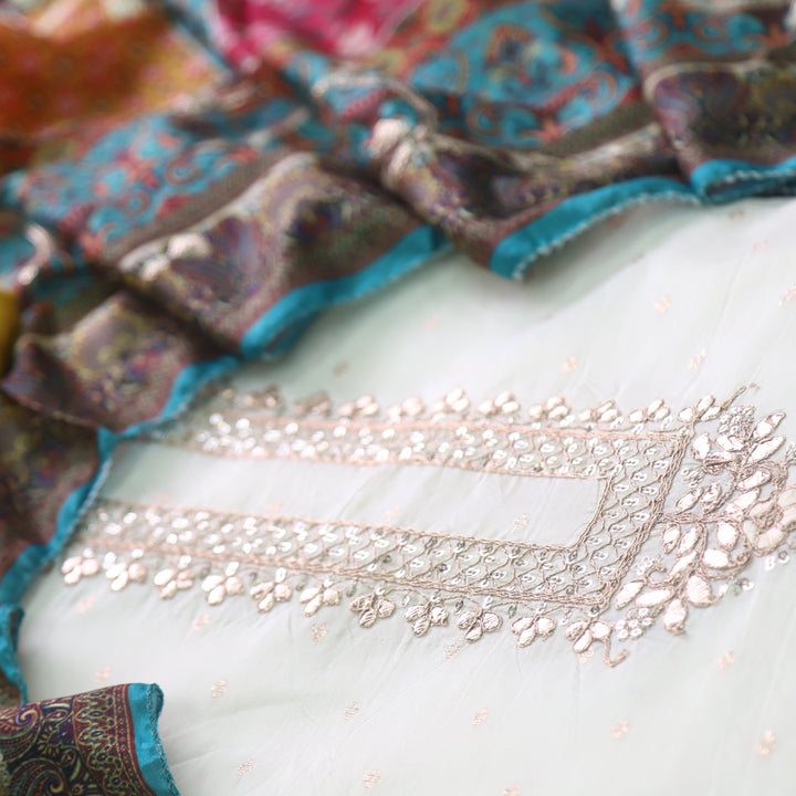 Dilbara Cream White with Zari and Patra Work with Yellow Bottom Chanderi Suit Set