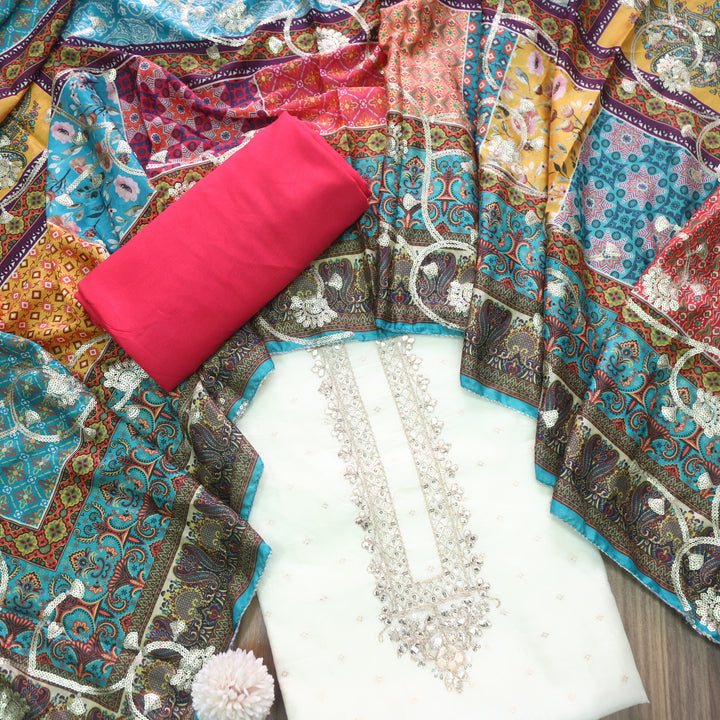 Dilbara Cream White with Zari and Patra Work with Pink Bottom Chanderi Suit Set