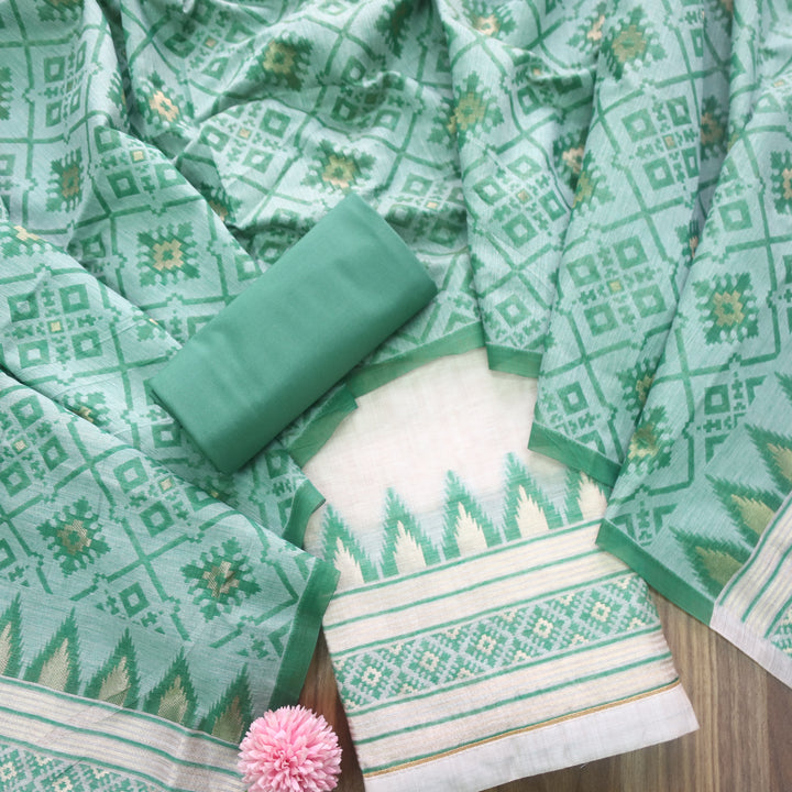 Roop Dark Beige with Green Authentic Jamdani Zari Weaved Suit Set