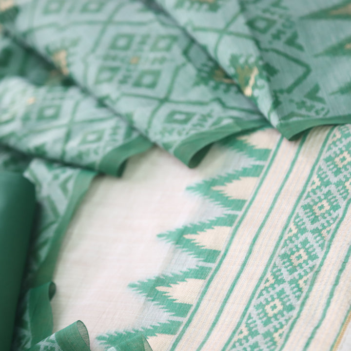 Roop Dark Beige with Green Authentic Jamdani Zari Weaved Suit Set