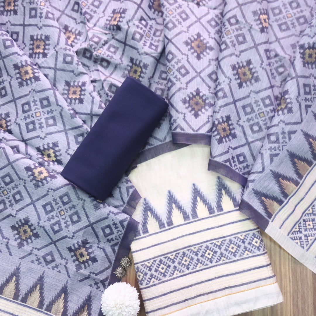 Roop Dark Beige with Blue Authentic Jamdani Zari Weaved Suit Set