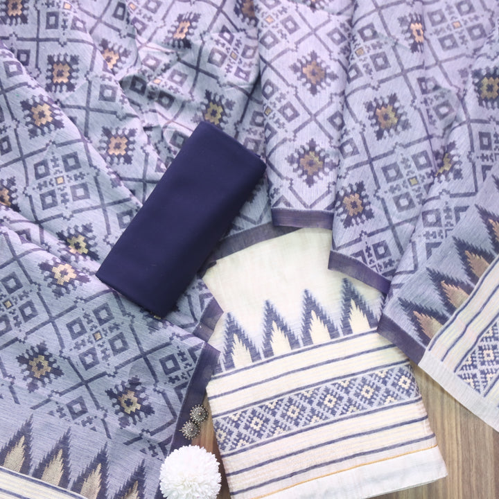 Roop Dark Beige with Blue Authentic Jamdani Zari Weaved Suit Set
