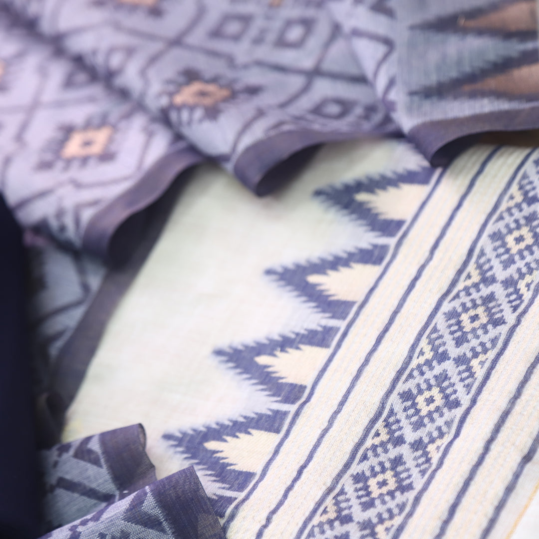 Roop Dark Beige with Blue Authentic Jamdani Zari Weaved Suit Set