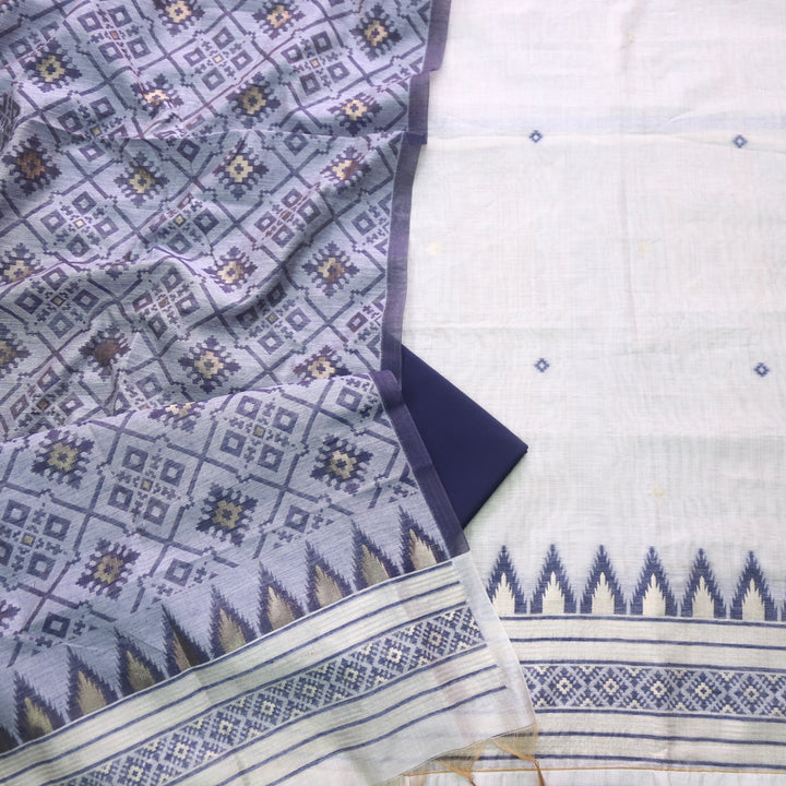 Roop Dark Beige with Blue Authentic Jamdani Zari Weaved Suit Set