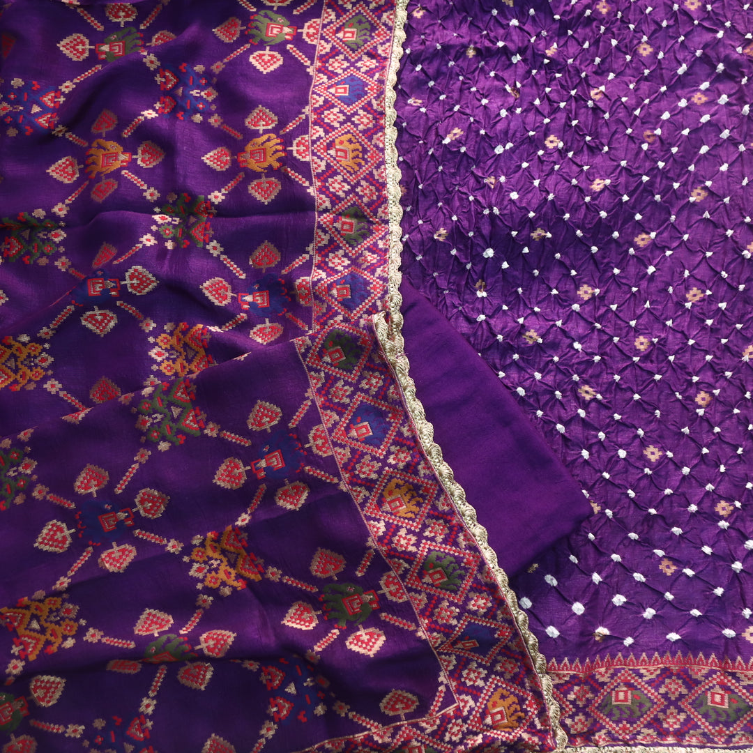 Afreen Russian Violet Bandhej Work with Thread Weaved Hem Dola Silk Suit Set