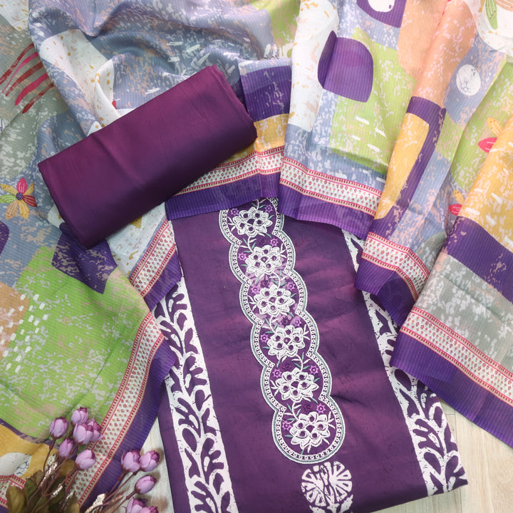 Ruhaayi Orchid Purple Patch Lace Neck Work Print Glazed Cotton Suit Set D2