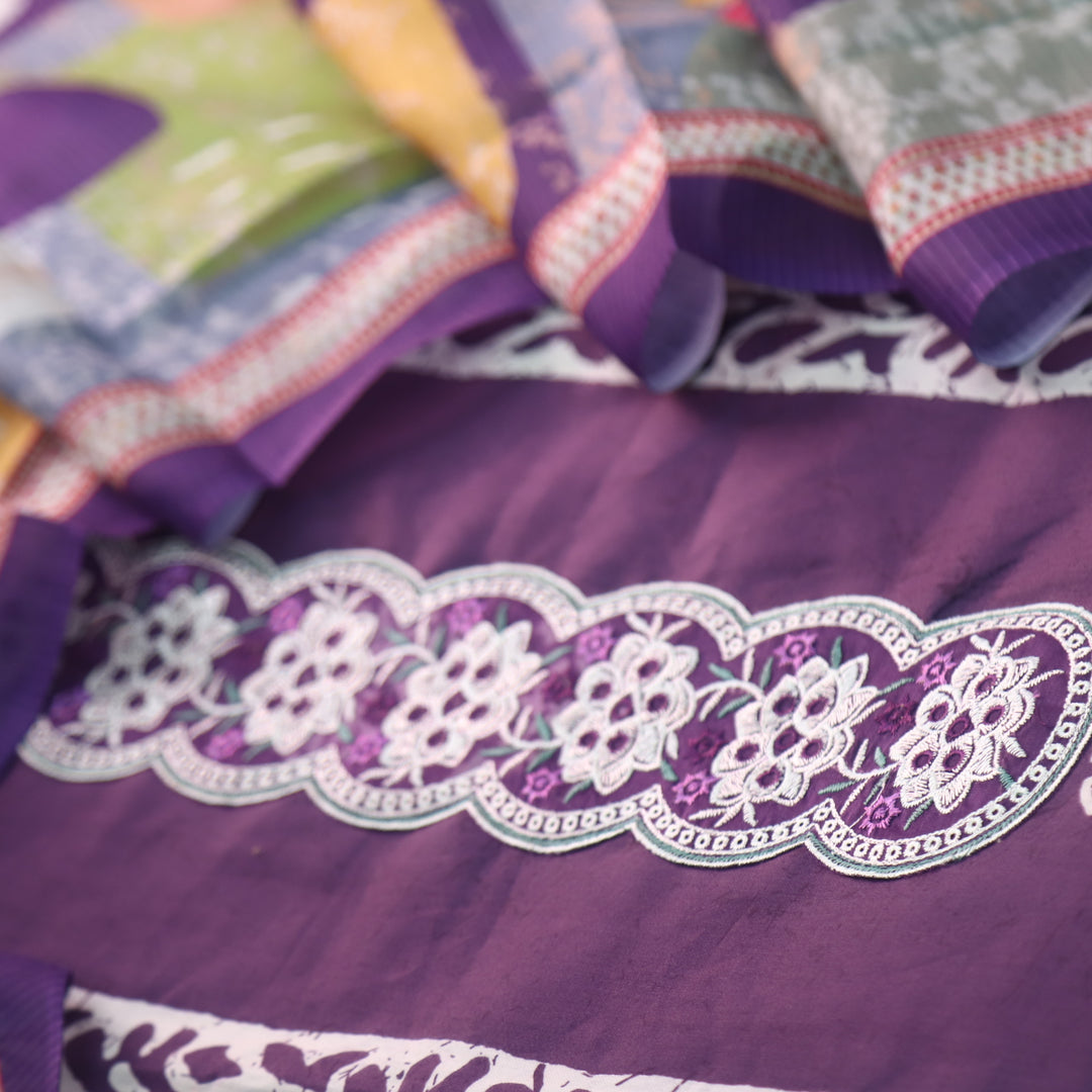 Ruhaayi Orchid Purple Patch Lace Neck Work Print Glazed Cotton Suit Set D2