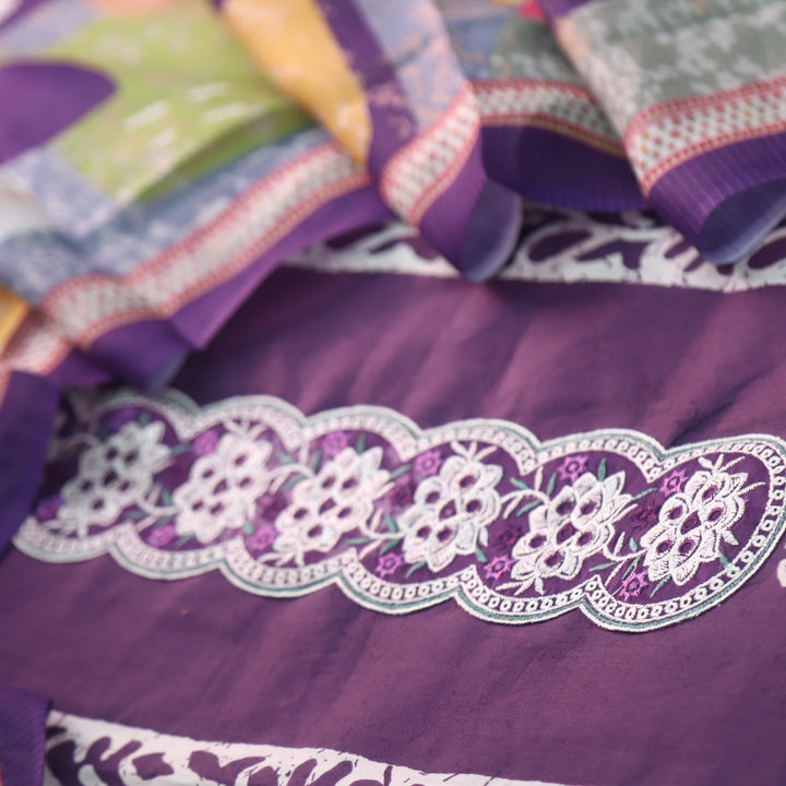 Ruhaayi Orchid Purple Patch Lace Neck Work Print Glazed Cotton Suit Set D2