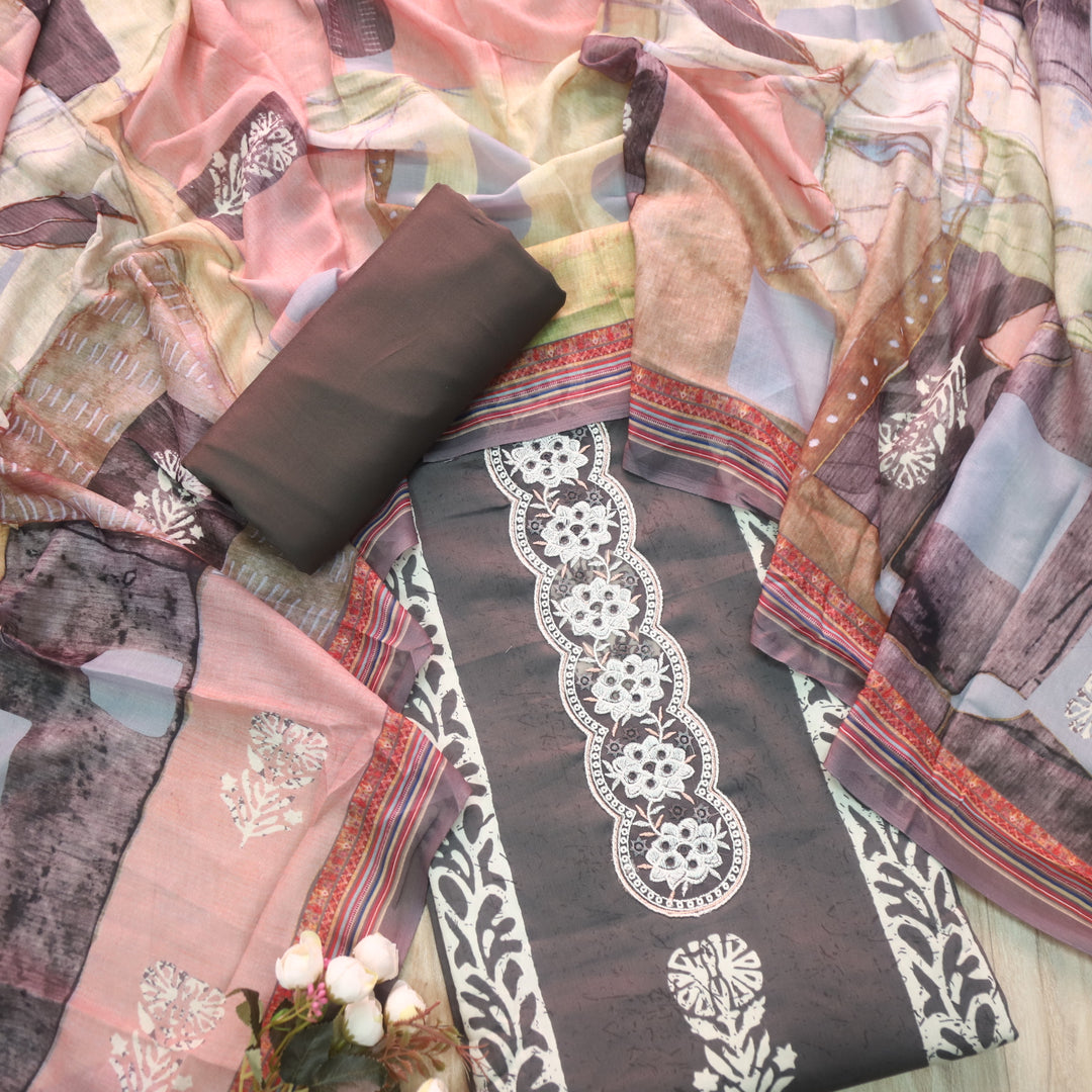 Ruhaayi Taupe Brown Patch Lace Neck Work Print Glazed Cotton Suit Set D2