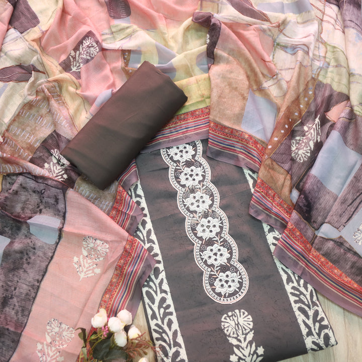Ruhaayi Taupe Brown Patch Lace Neck Work Print Glazed Cotton Suit Set D2