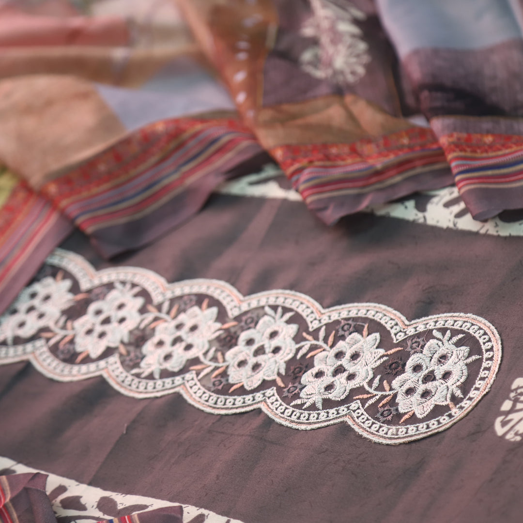 Ruhaayi Taupe Brown Patch Lace Neck Work Print Glazed Cotton Suit Set D2