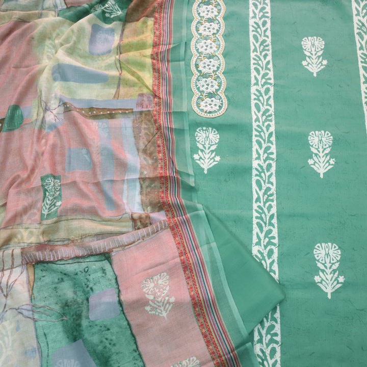 Ruhaayi Sage Green Patch Lace Neck Work Print Glazed Cotton Suit Set D2
