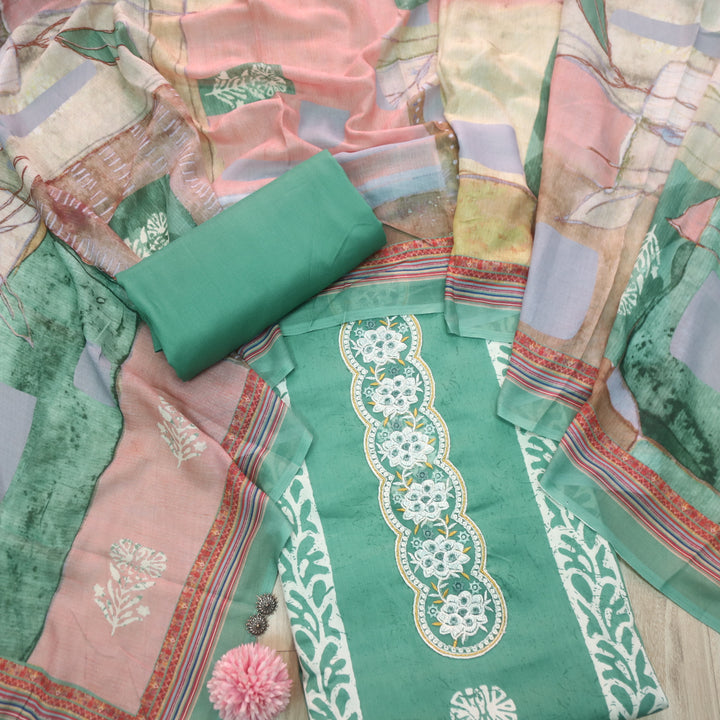 Ruhaayi Sage Green Patch Lace Neck Work Print Glazed Cotton Suit Set D2