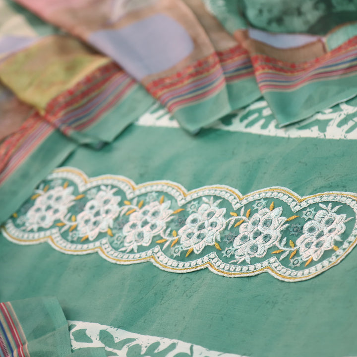 Ruhaayi Sage Green Patch Lace Neck Work Print Glazed Cotton Suit Set D2