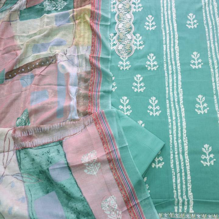 Ruhaayi Sage Green Patch Lace Neck Work Print Glazed Cotton Suit Set D1