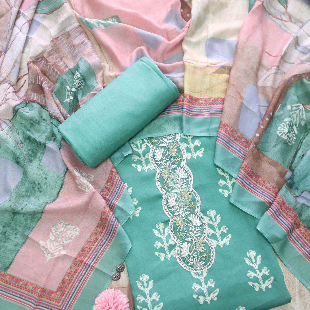 Ruhaayi Sage Green Patch Lace Neck Work Print Glazed Cotton Suit Set D1
