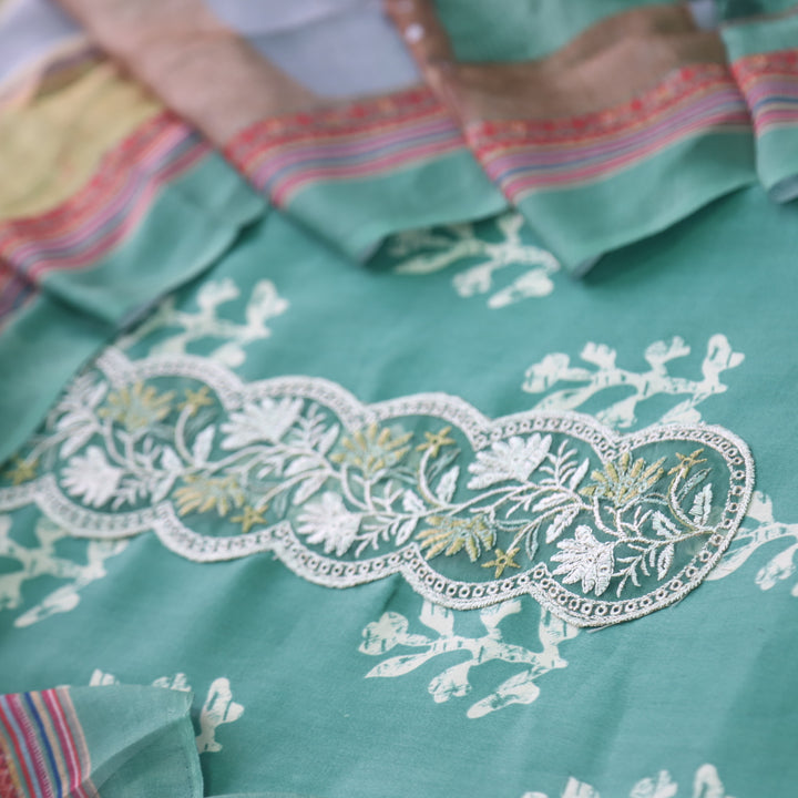 Ruhaayi Sage Green Patch Lace Neck Work Print Glazed Cotton Suit Set D1