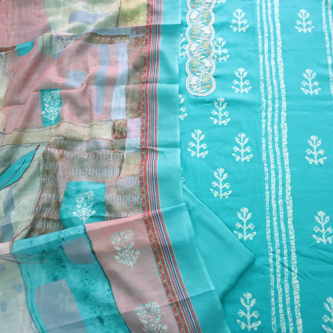 Ruhaayi Aqua Blue Patch Lace Neck Work Print Glazed Cotton Suit Set D1