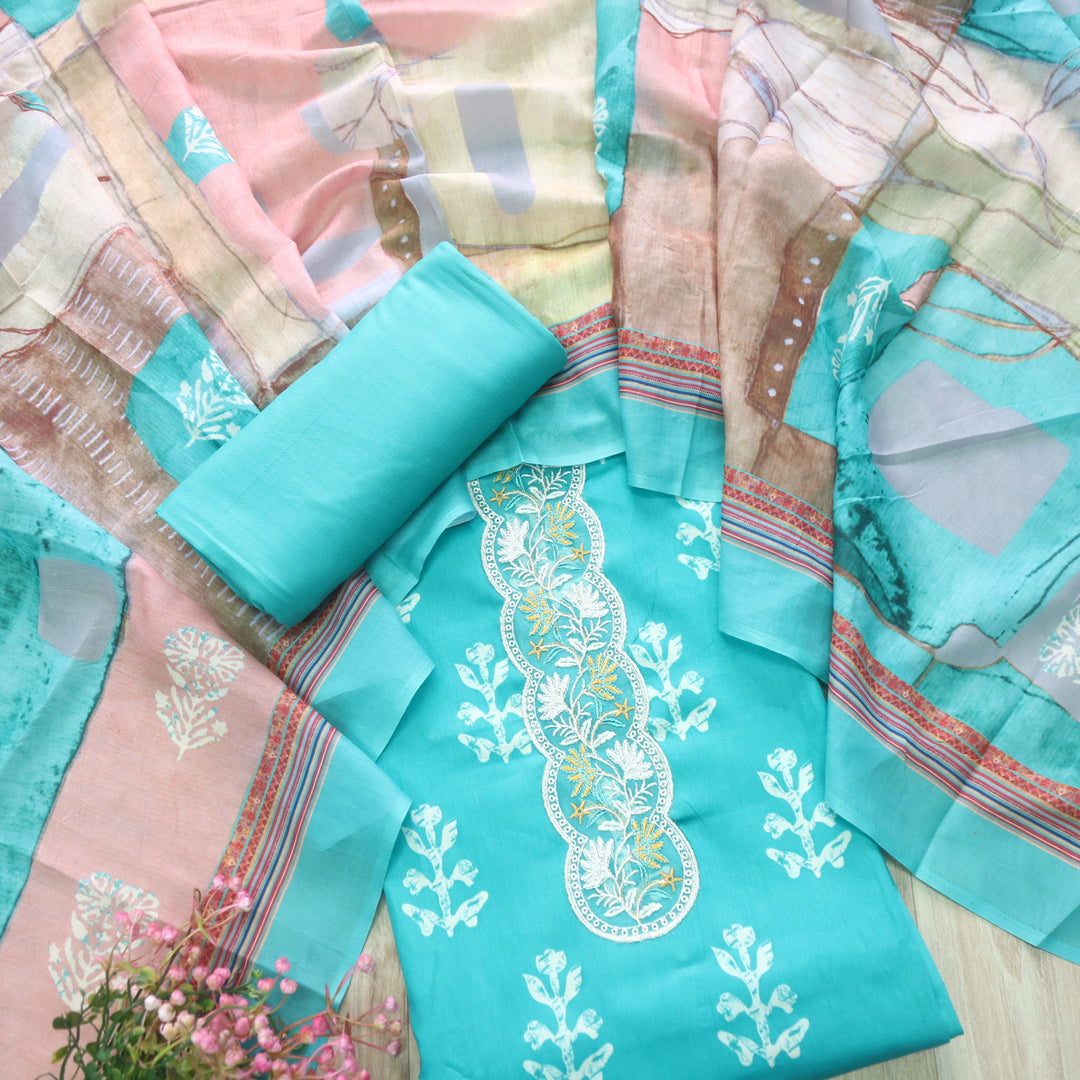 Ruhaayi Aqua Blue Patch Lace Neck Work Print Glazed Cotton Suit Set D1