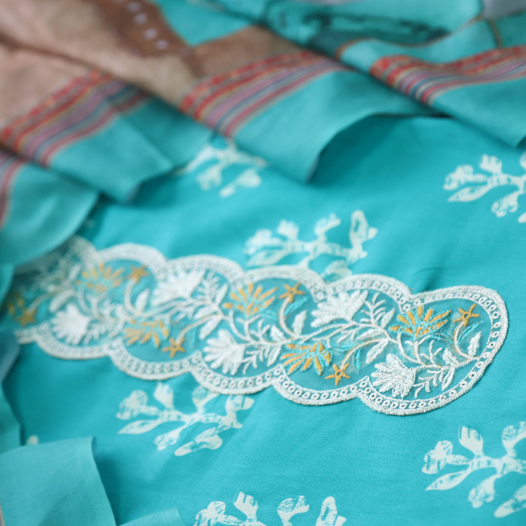 Ruhaayi Aqua Blue Patch Lace Neck Work Print Glazed Cotton Suit Set D1