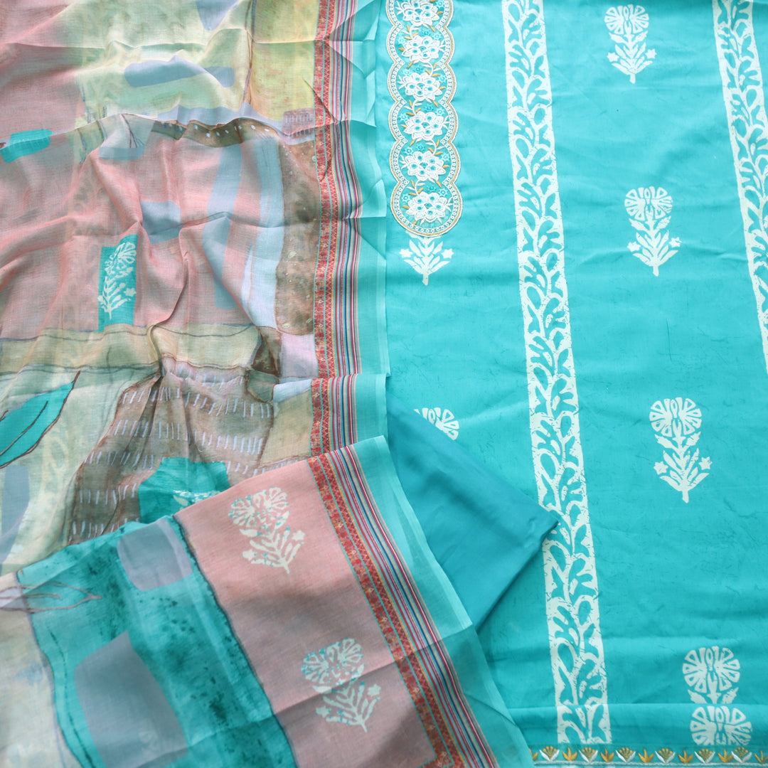 Ruhaayi Aqua Blue Patch Lace Neck Work Print Glazed Cotton Suit Set D2