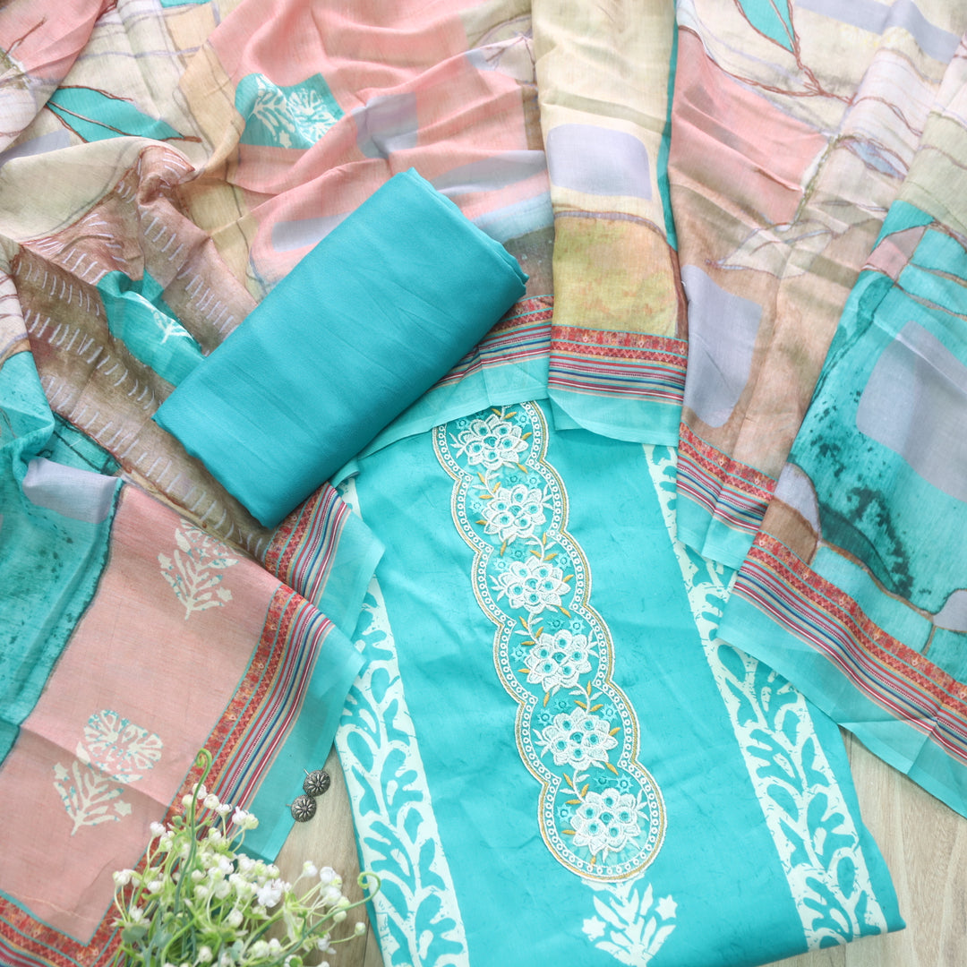 Ruhaayi Aqua Blue Patch Lace Neck Work Print Glazed Cotton Suit Set D2