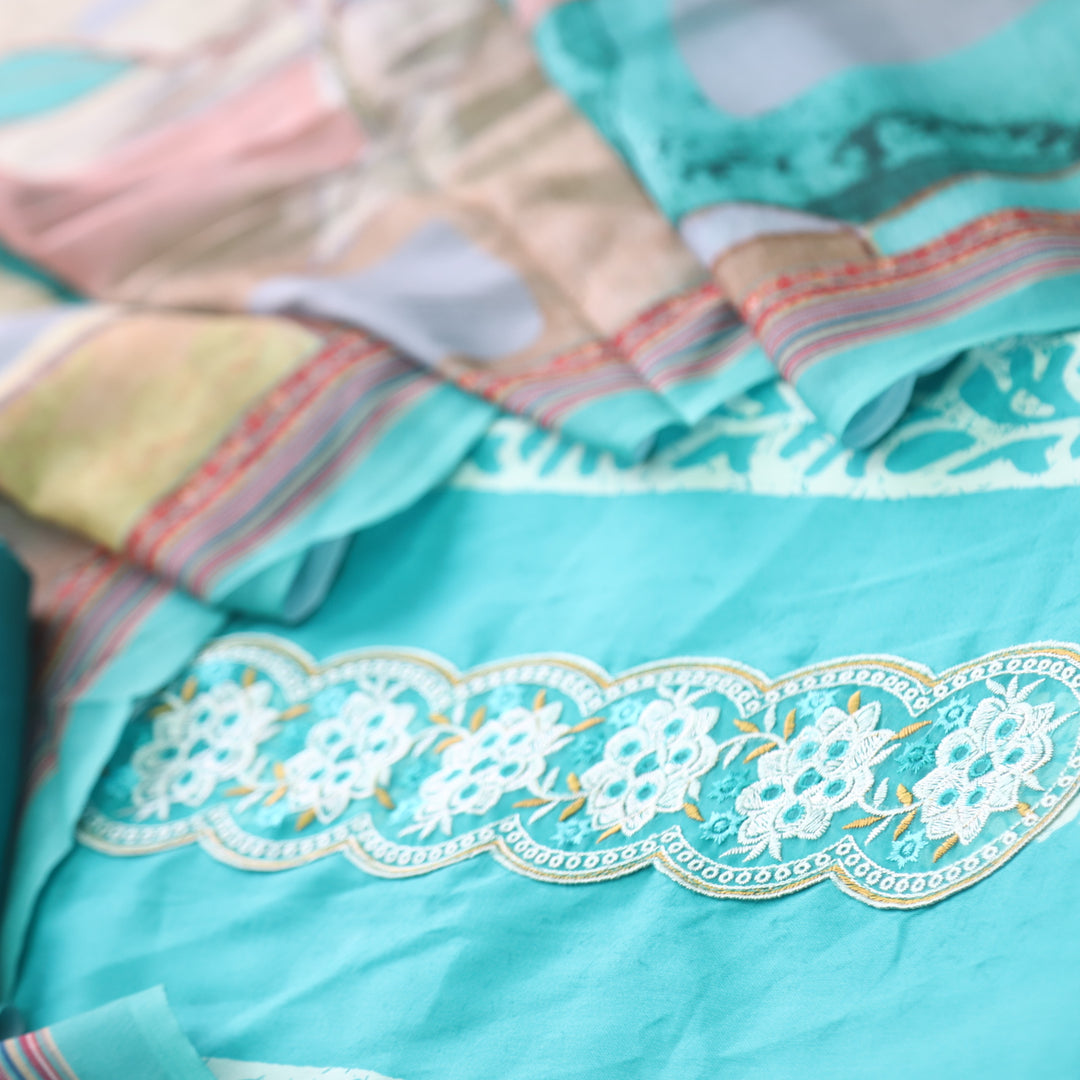 Ruhaayi Aqua Blue Patch Lace Neck Work Print Glazed Cotton Suit Set D2