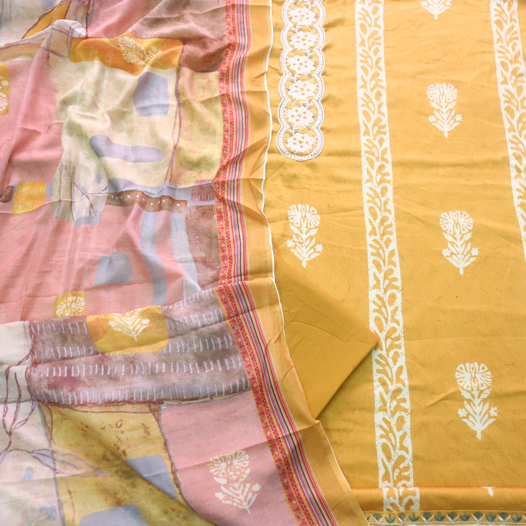 Ruhaayi Dijon Yellow Patch Lace Neck Work Print Glazed Cotton Suit Set D2
