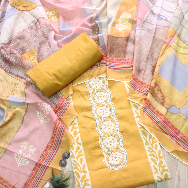 Ruhaayi Dijon Yellow Patch Lace Neck Work Print Glazed Cotton Suit Set D2