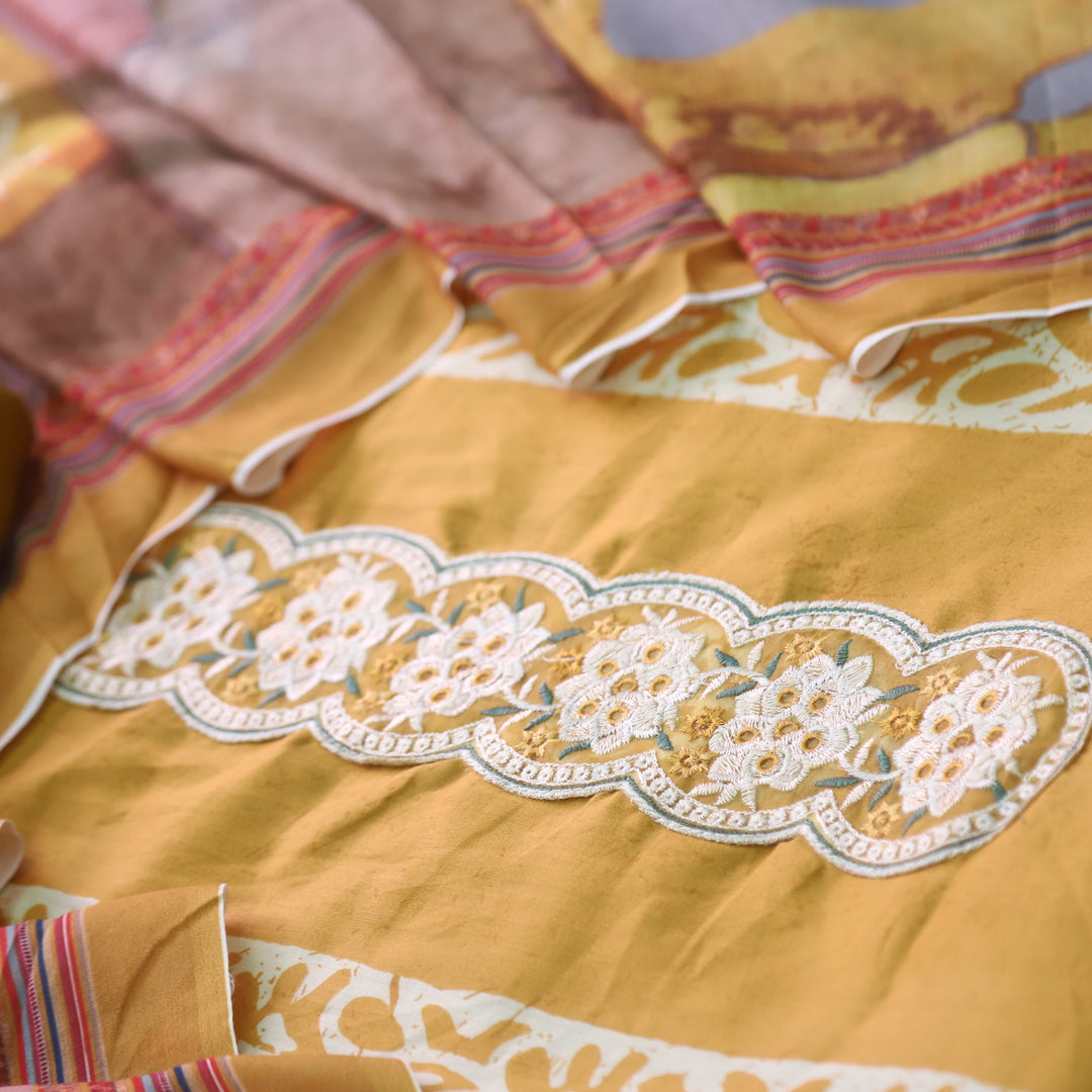 Ruhaayi Dijon Yellow Patch Lace Neck Work Print Glazed Cotton Suit Set D2