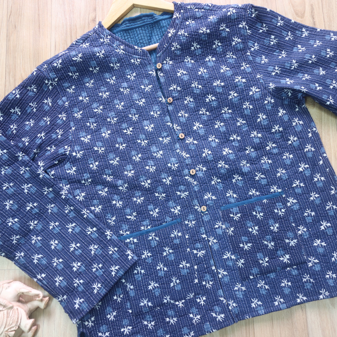 Cobalt Blue block printed quilted cotton jacket