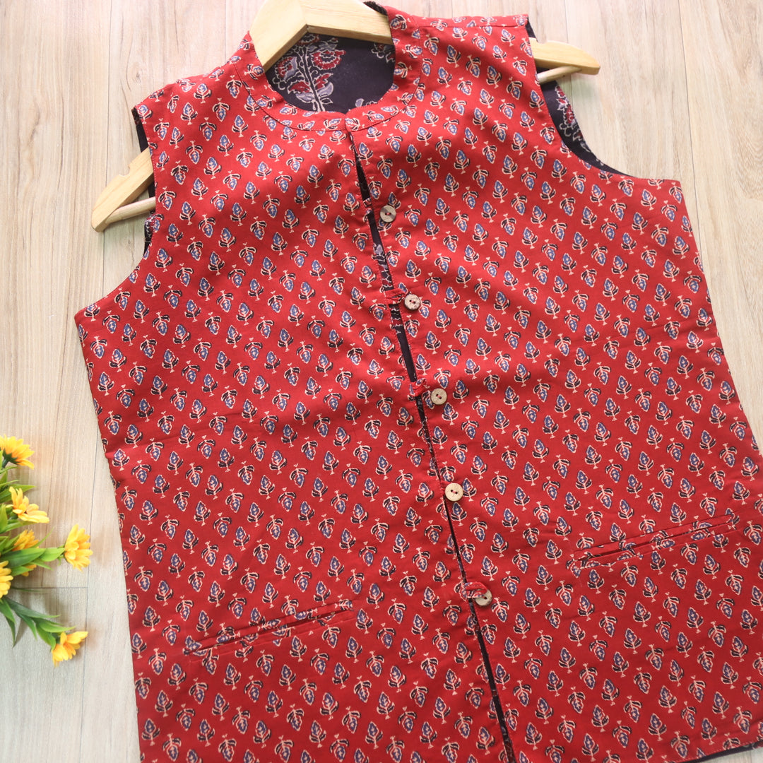 Cherry Red Ajrak Printed Cotton jacket