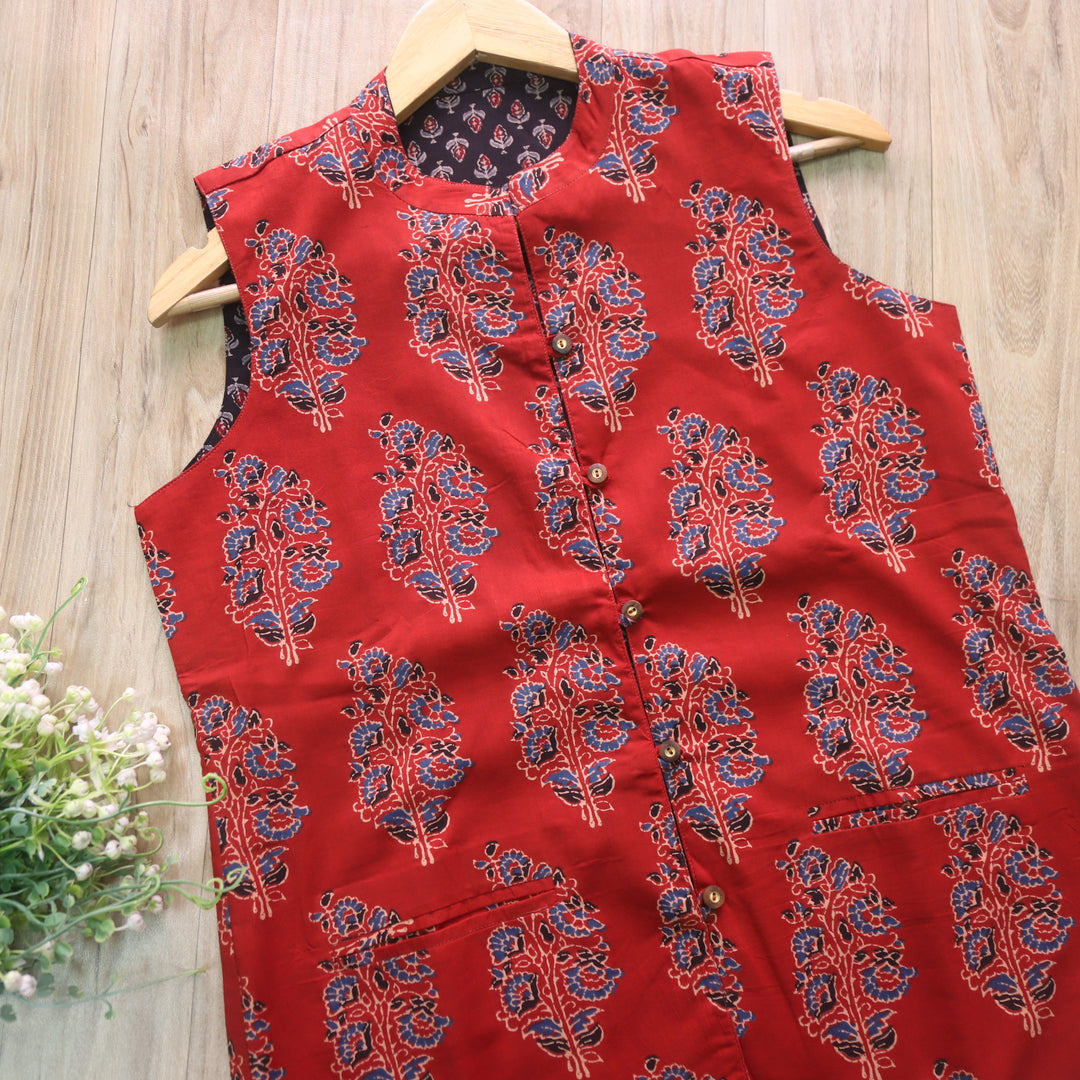 Cherry Red Ajrak Printed Cotton jacket-D2