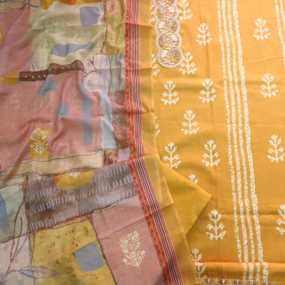 Ruhaayi Dijon Yellow Patch Lace Neck Work Print Glazed Cotton Suit Set D1