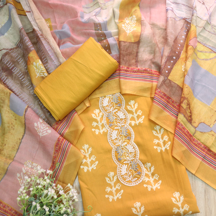 Ruhaayi Dijon Yellow Patch Lace Neck Work Print Glazed Cotton Suit Set D1