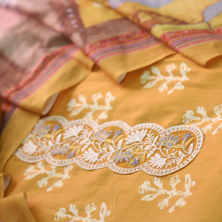 Ruhaayi Dijon Yellow Patch Lace Neck Work Print Glazed Cotton Suit Set D1