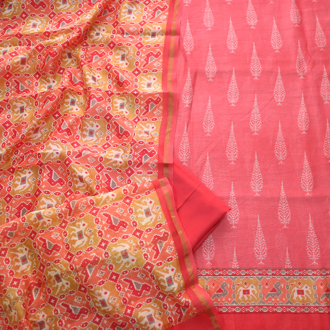 Takalluf Pink Premium Chanderi Printed Top with Patola Print Dupatta Suit Set