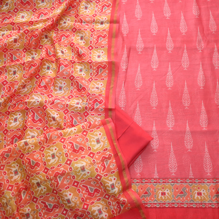 Takalluf Pink Premium Chanderi Printed Top with Patola Print Dupatta Suit Set